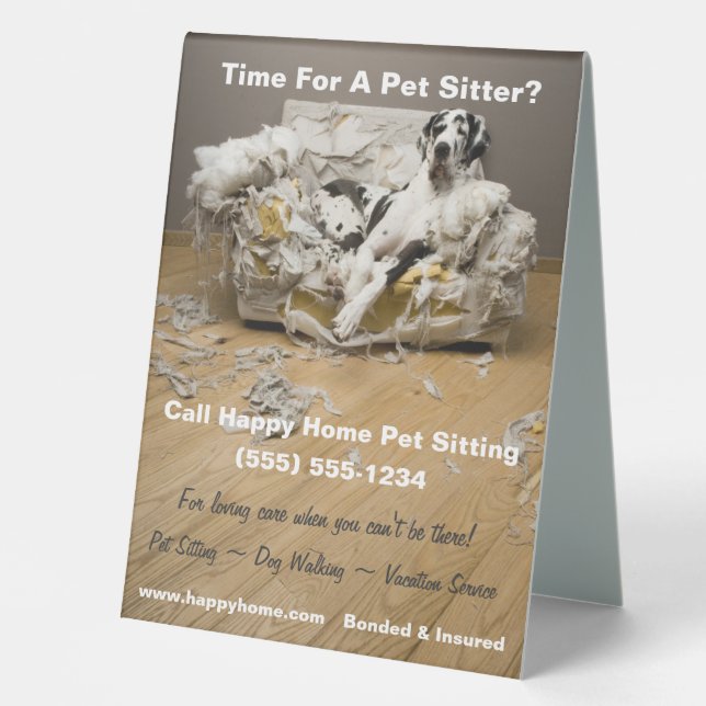 Great Dane on Chewed Sofa Pet Sitting Flyer 6x8 Table Tent (Front)