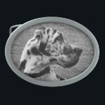 GREAT DANE OVAL BELT BUCKLE<br><div class="desc">A beautiful black and white photographic design of a Great Dane dog.</div>