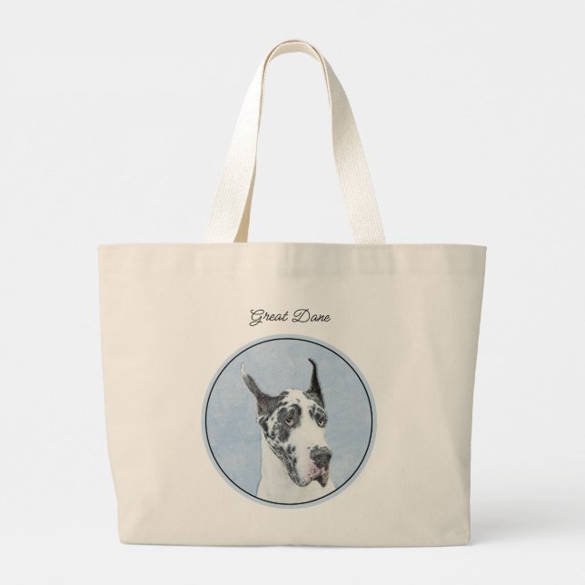 Great Dane Painting Harlequin Original Pet Dog Art Large Tote Bag (Back)
