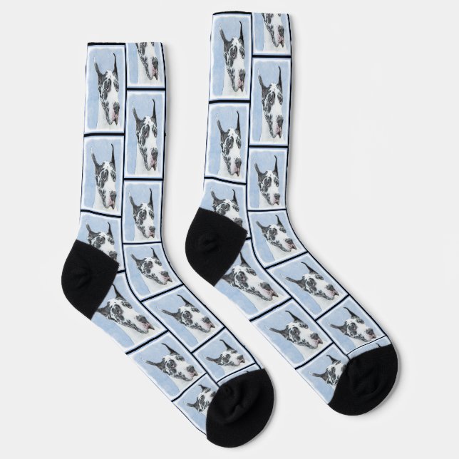 Great Dane Painting Harlequin Original Pet Dog Art Socks (Right)