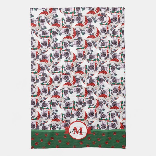 Great Dane Pattern Monogram Christmas Dog Kitchen Towel (Vertical)