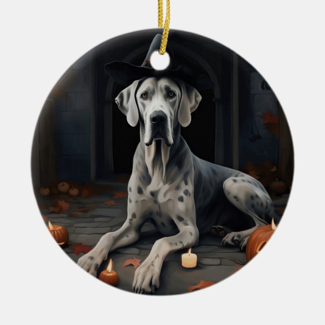 Great Dane Pumpkins Halloween Scary Flip Ceramic Ornament (Front)
