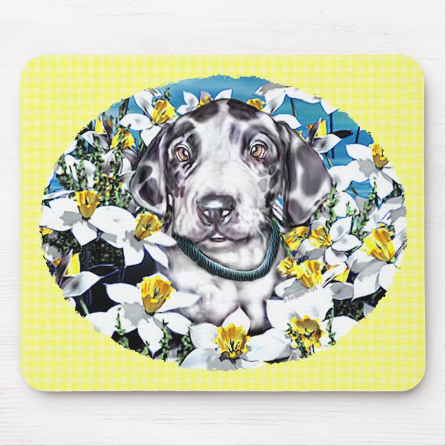 Great Dane Pup in Daffodils Harlequin Mouse Pad (Front)