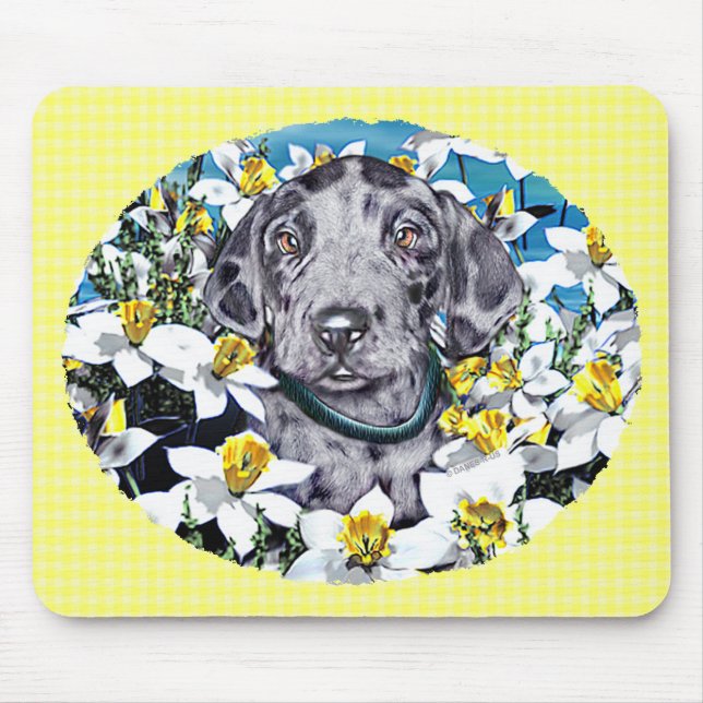 Great Dane Pup in Daffodils Merle Mouse Pad (Front)
