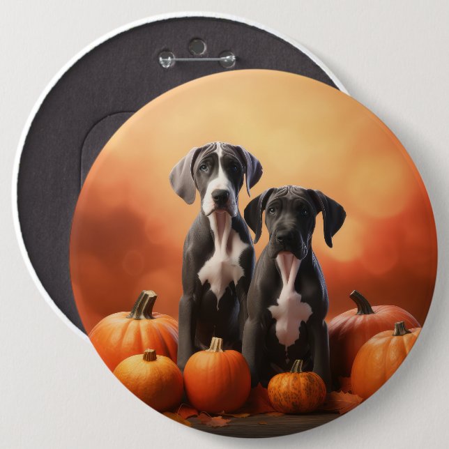 Great Dane Puppy Autumn Delight Pumpkin Button (Front & Back)