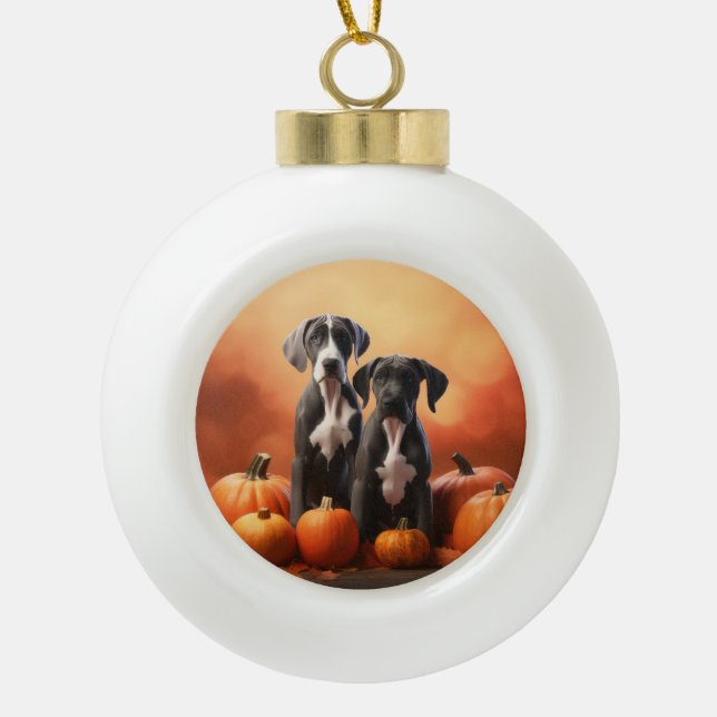 Great Dane Puppy Autumn Delight Pumpkin Ceramic Ball Christmas Ornament (Front)