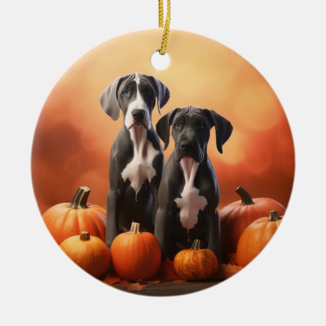 Great Dane Puppy Autumn Delight Pumpkin Ceramic Ornament (Front)