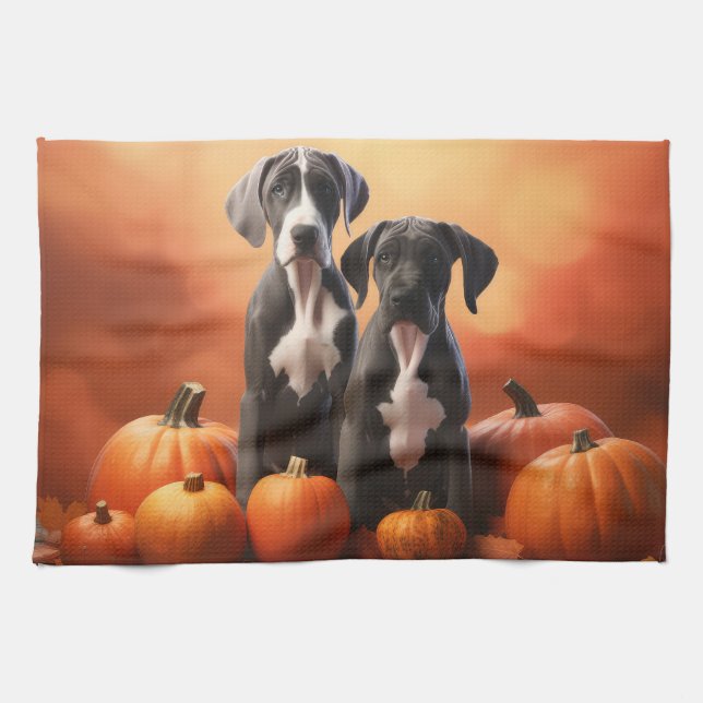 Great Dane Puppy Autumn Delight Pumpkin Kitchen Towel (Horizontal)