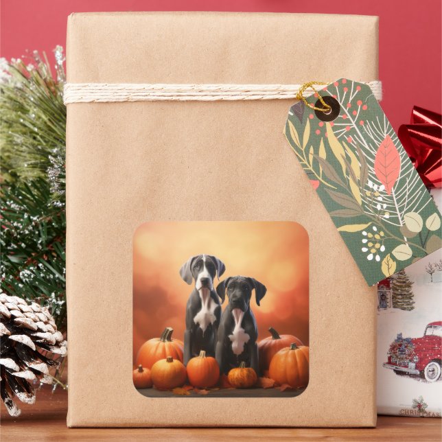 Great Dane Puppy Autumn Delight Pumpkin Square Sticker (Holiday)