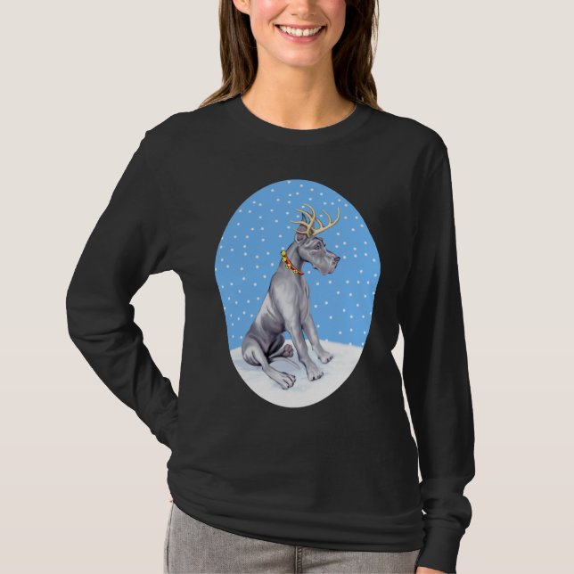 Great Dane Reindeer Christmas Blue T-Shirt (Front)