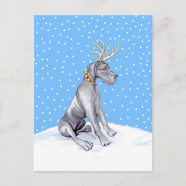 Great Dane Reindeer Christmas Blue UC Holiday Postcard (Front)