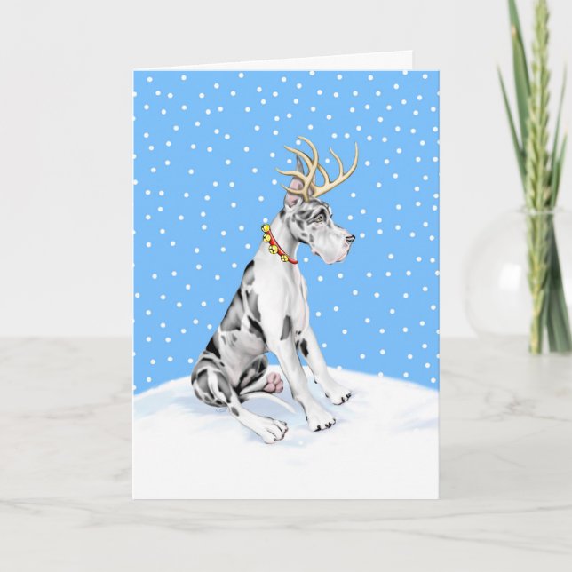 Great Dane Reindeer Christmas Harlequin Holiday Card (Front)