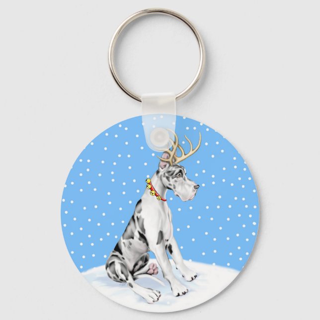 Great Dane Reindeer Christmas Harlequin Keychain (Front)