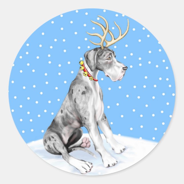 Great Dane Reindeer Christmas Merle UC Classic Round Sticker (Front)