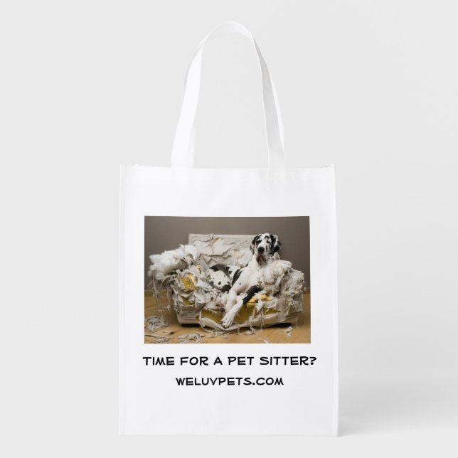 Great Dane Relaxing on Chewed Sofa  Grocery Bag (Front)