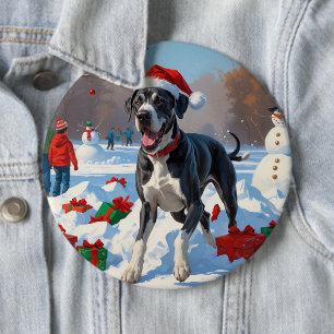 Great Dane Running in Snow with Christmas Hat Button