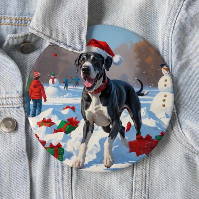 Great Dane Running in Snow with Christmas Hat Button (In Situ)