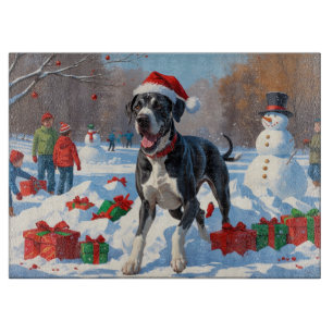 Great Dane Running in Snow with Christmas Hat Cutting Board