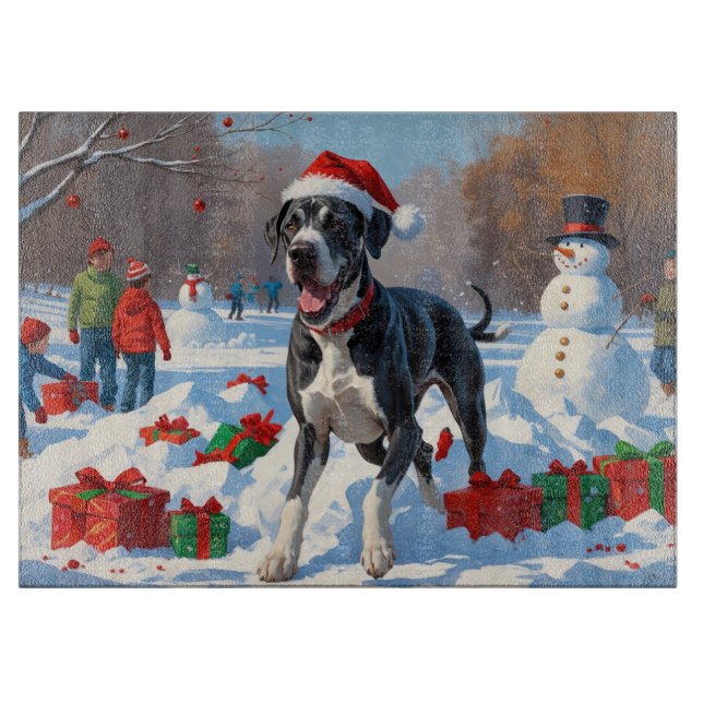 Great Dane Running in Snow with Christmas Hat Cutting Board (Front)