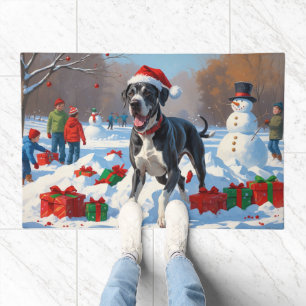 Great Dane Running in Snow with Christmas Hat Doormat