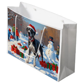 Great Dane Running in Snow with Christmas Hat Large Gift Bag