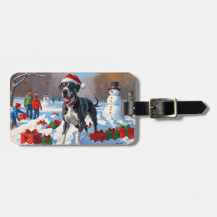 Great Dane Running in Snow with Christmas Hat Luggage Tag