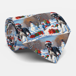 Great Dane Running in Snow with Christmas Hat Neck Tie