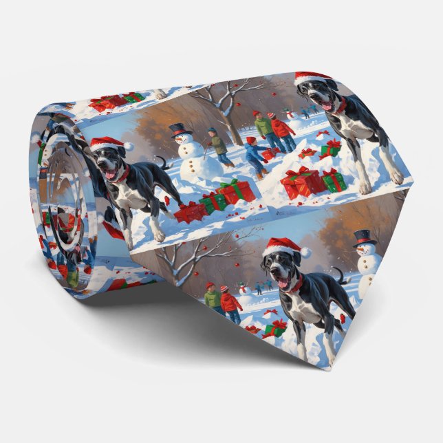 Great Dane Running in Snow with Christmas Hat Neck Tie (Rolled)