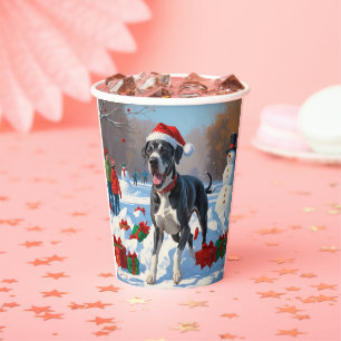 Great Dane Running in Snow with Christmas Hat Paper Cups