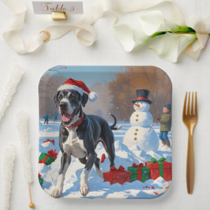 Great Dane Running in Snow with Christmas Hat Paper Plates