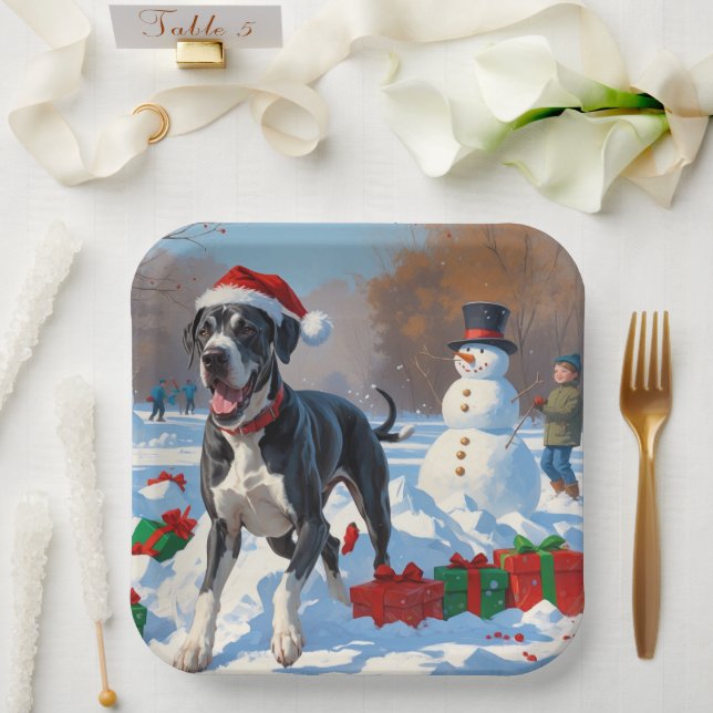 Great Dane Running in Snow with Christmas Hat Paper Plates (Wedding)