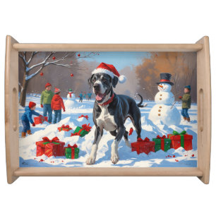 Great Dane Running in Snow with Christmas Hat Serving Tray