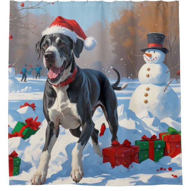 Great Dane Running in Snow with Christmas Hat Shower Curtain (Front)