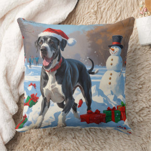 Great Dane Running in Snow with Christmas Hat Throw Pillow