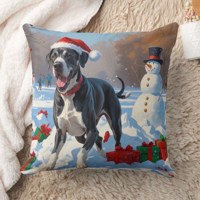 Great Dane Running in Snow with Christmas Hat Throw Pillow (Blanket)