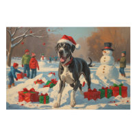 Great Dane Running in Snow with Christmas Hat