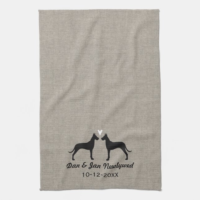 Great Dane Silhouettes with Heart Newlyweds Couple Kitchen Towel (Vertical)