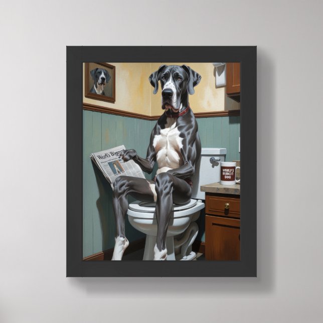 Great Dane Sitting On Toilet Funny  Framed Art (Framed Front)