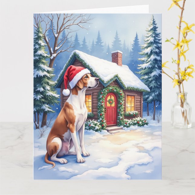 Great Dane Snowy Cabin Santa Hat Christmas Art Card (Yellow Flower)