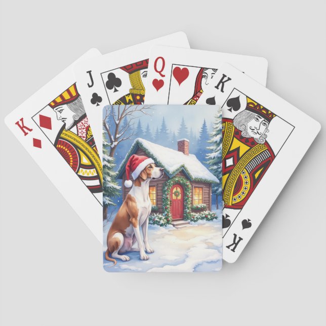 Great Dane Snowy Cabin Santa Hat Christmas Art Poker Cards (Back)