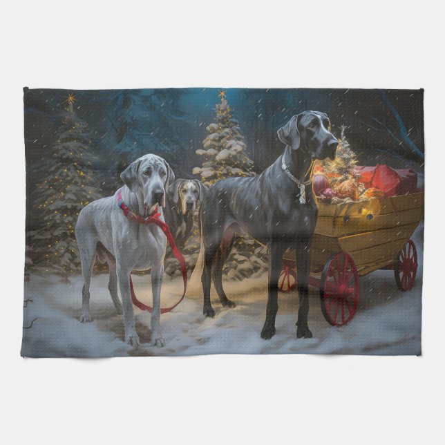 Great Dane Snowy Sleigh Christmas Decor  Kitchen Towel (Horizontal)