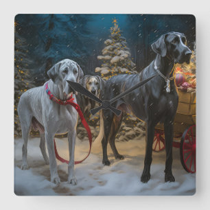 Great Dane Snowy Sleigh Christmas Decor Square Wall Clock