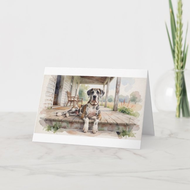 Great Dane Sprawled Across The Farmhouse Porch Gre Card