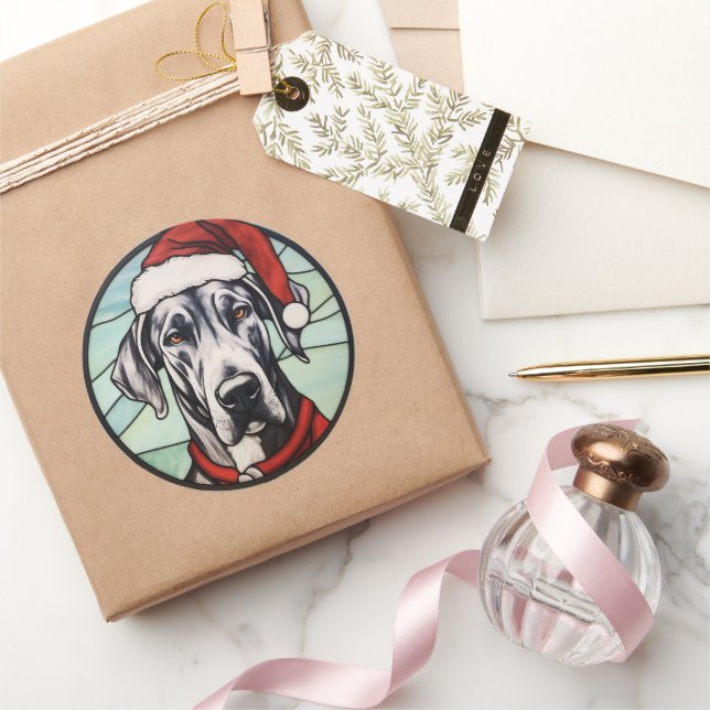 Great Dane Stained Glass Christmas Classic Round Sticker (Gifting)