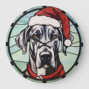 Great Dane Stained Glass Christmas Large Clock