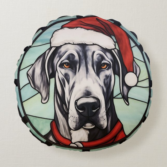 Great Dane Stained Glass Christmas Round Pillow (Front)
