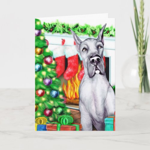 Great Dane Stockings Blue Holiday Card