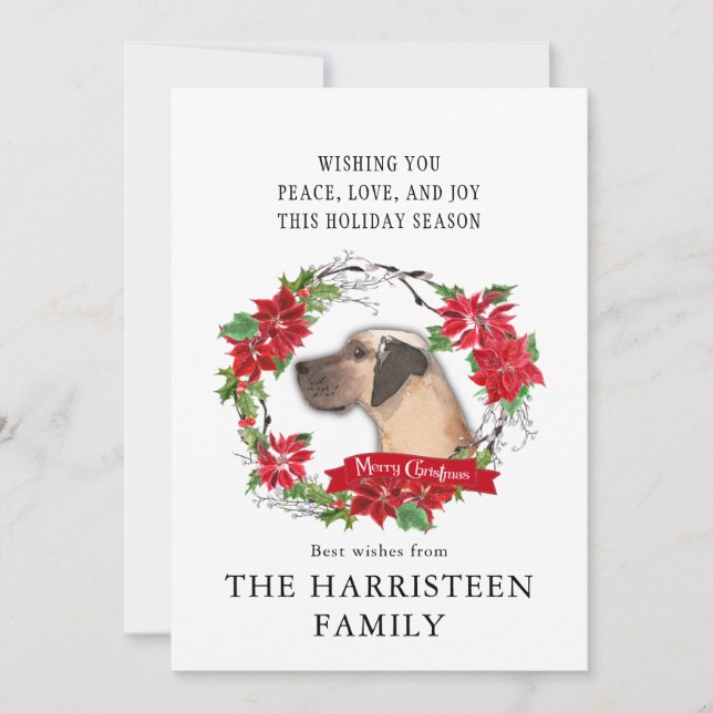 Great Dane tan Watercolor Poinsettia Christmas Holiday Card (Front)