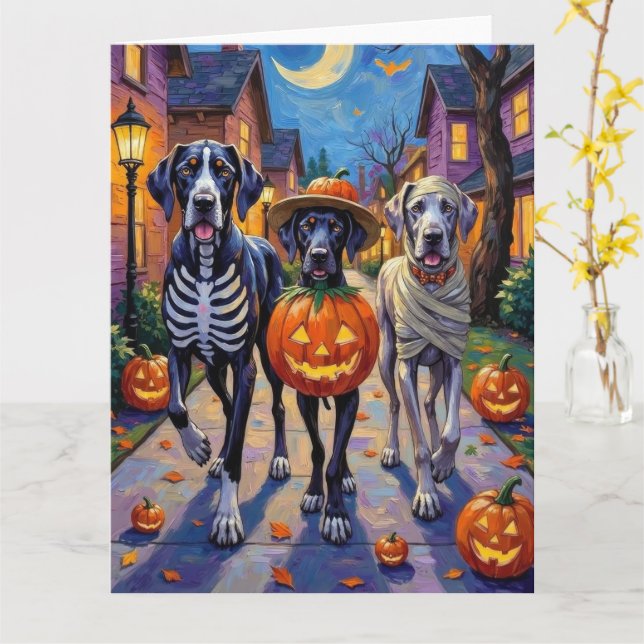 Great Dane Trick-or-Treating Halloween Costumes Card (Yellow Flower)
