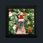 Great Dane w Christmas Tree Gift Boxes Santa Hat<br><div class="desc">A cute Great Dane dog wearing Red Santa Hat and posing in front of nicely decorated Christmas Tree,  with gift boxes snow man,  teddy bear,  Christmas ornaments. A perfect gift on this Christmas!</div>